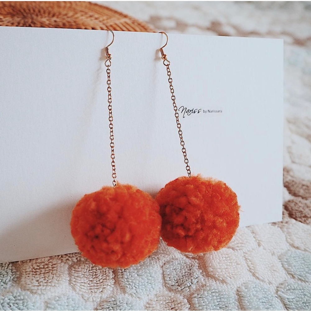 Handmade Pom Pom Long Chain Earrings